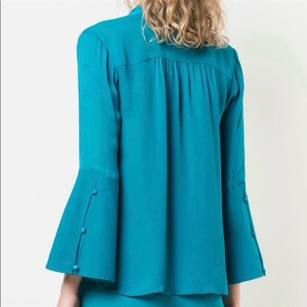 $295 Alice + Olivia Meredith Teal Silk Tie Neck Bell Sleeve Blouse Top Size L - Picture 2 of 12